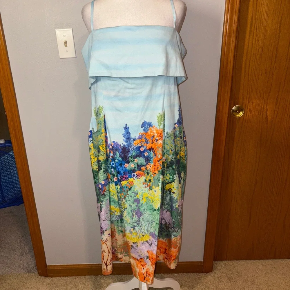 Anthropologie sleeveless fold over knee‎ length Dress floral Midi Blue Size L - Picture 4 of 14